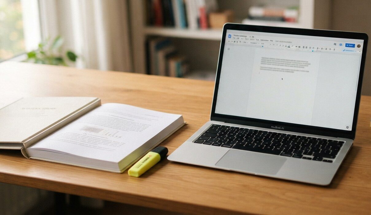 Oprawiona przykładowa praca dyplomowa obok laptopa ze szkicem tekstu, zakreślacz i karteczki na biurku